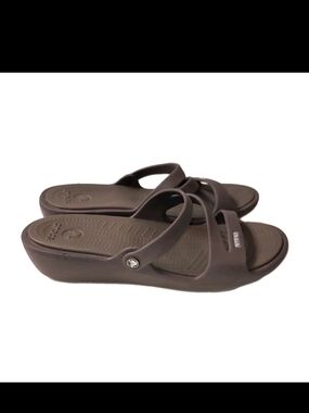 Crocs Patricia Wedge Sandals Womens 11 Espresso Brown Strappy Comfort Slide 2"